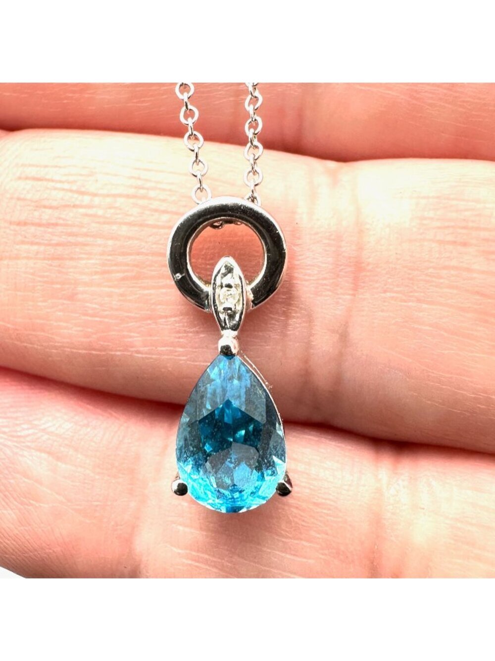 Womens Necklace 14K White Gold Blue Topaz Diamond Pendant 18 Inch Chain